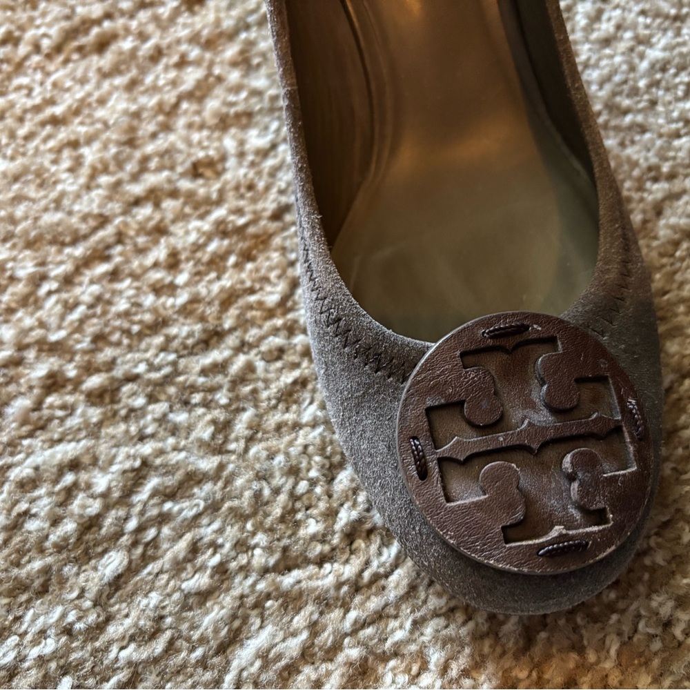 Tory Burch Taupe Suede Ballet Flat with Logo Medallion